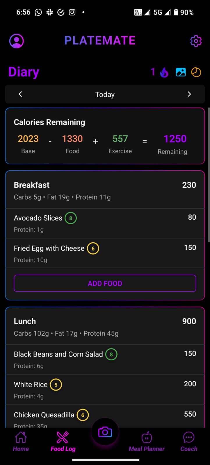 PlateMate Food Log